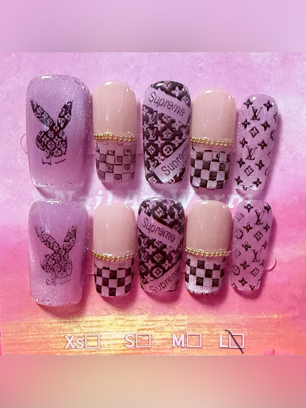 Supreme-Inspired Pink and Black Press-On Nail Set
